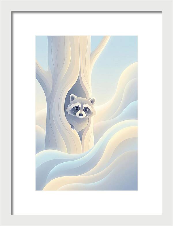 Raccoon Peering From Tree Trunk