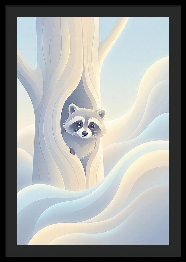 Raccoon Peering From Tree Trunk