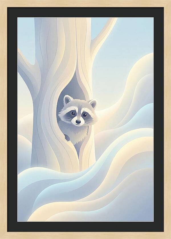 Raccoon Peering From Tree Trunk