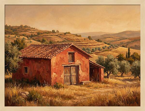 Red Barn In Mediterranean Landscape