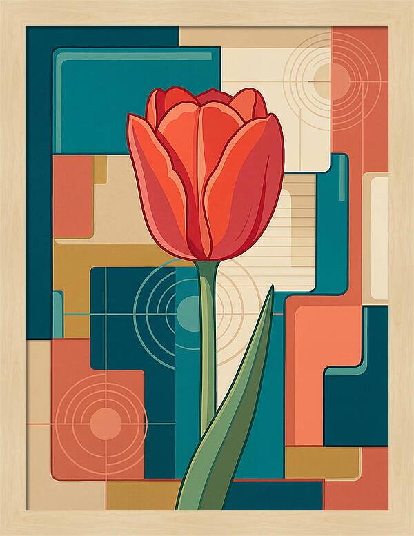 Red Tulip Against Geometric Background