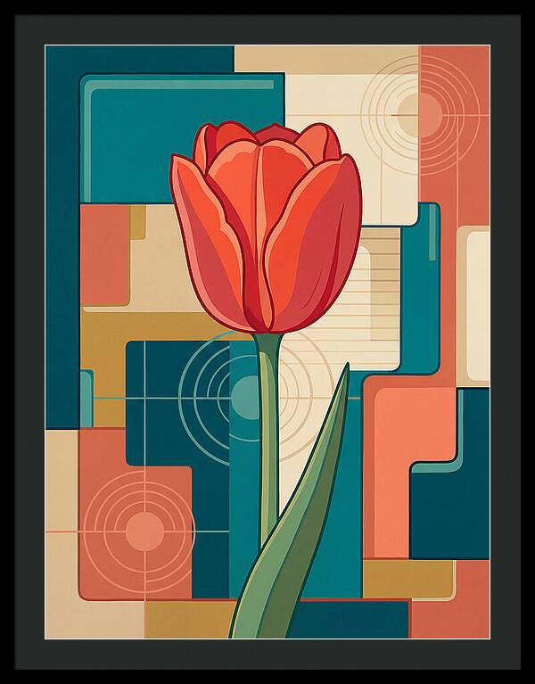 Red Tulip Against Geometric Background