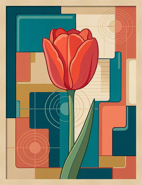 Red Tulip Against Geometric Background