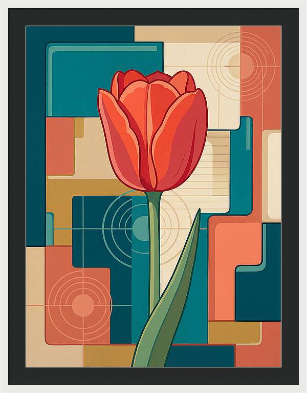 Red Tulip Against Geometric Background