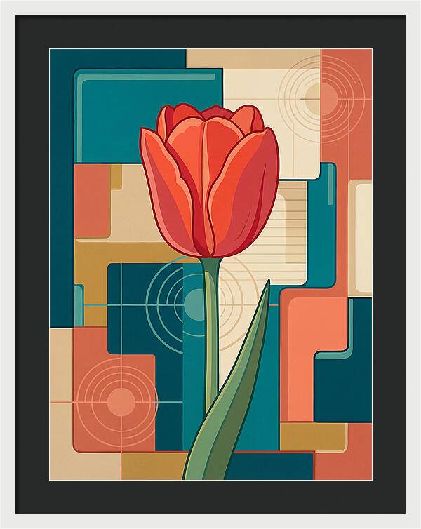 Red Tulip Against Geometric Background