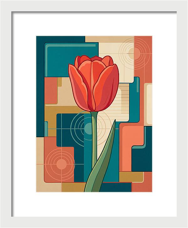 Red Tulip Against Geometric Background