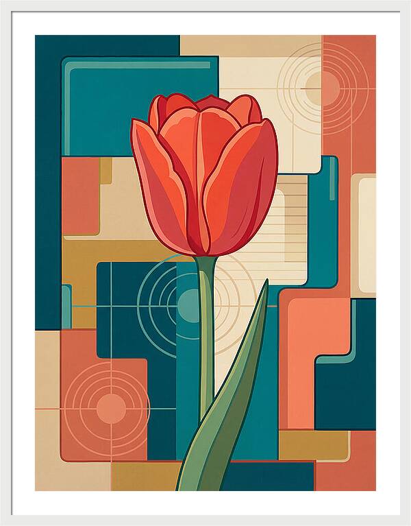 Red Tulip Against Geometric Background