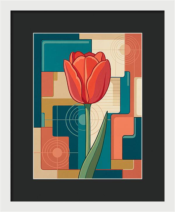 Red Tulip Against Geometric Background