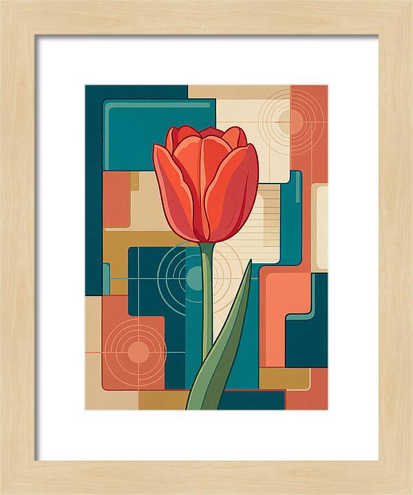 Red Tulip Against Geometric Background
