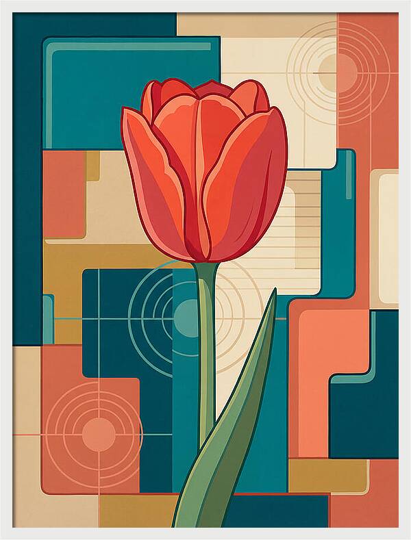 Red Tulip Against Geometric Background
