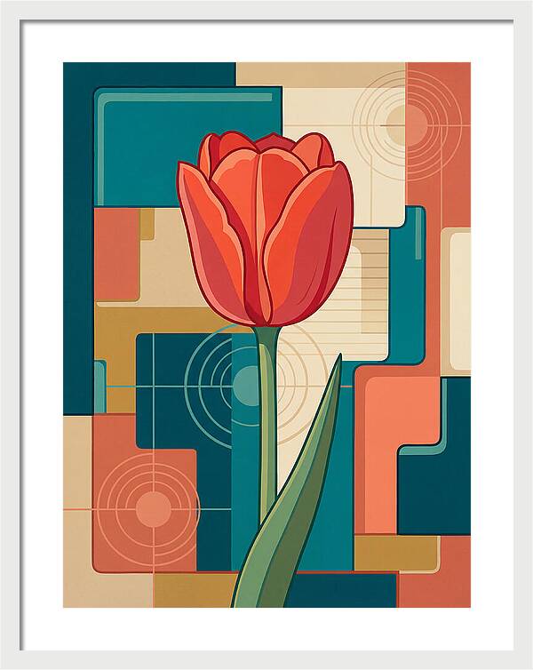 Red Tulip Against Geometric Background