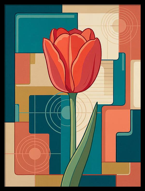 Red Tulip Against Geometric Background
