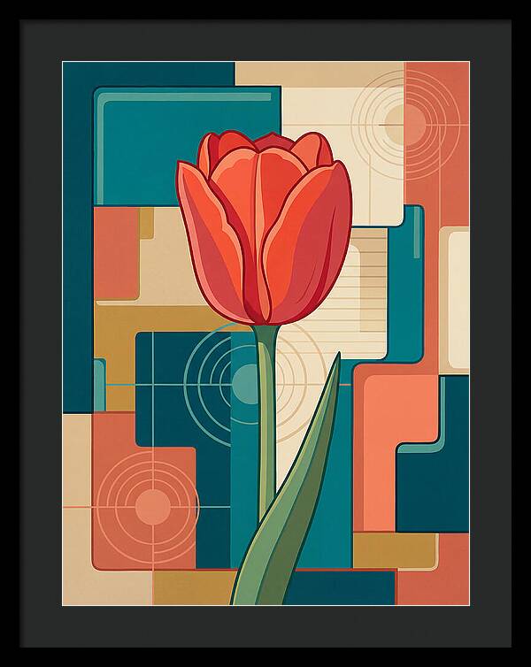 Red Tulip Against Geometric Background