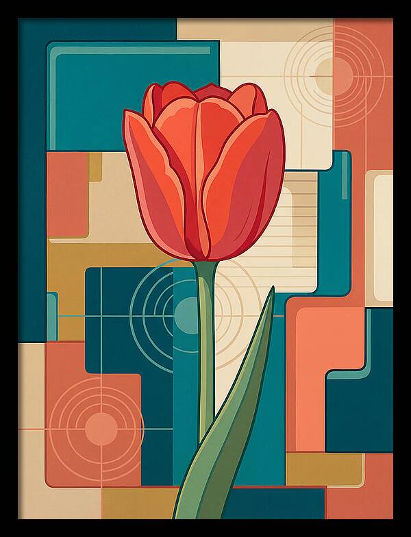 Red Tulip Against Geometric Background