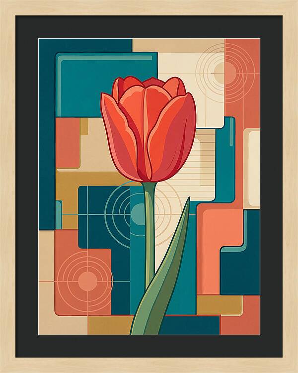 Red Tulip Against Geometric Background