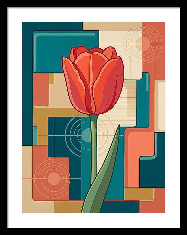 Red Tulip Against Geometric Background