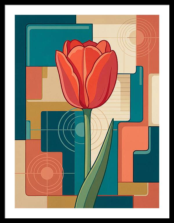 Red Tulip Against Geometric Background
