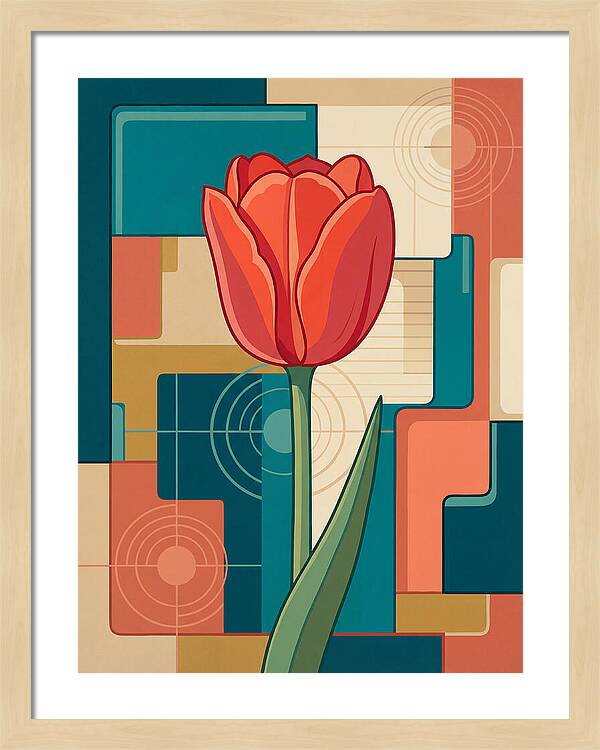 Red Tulip Against Geometric Background