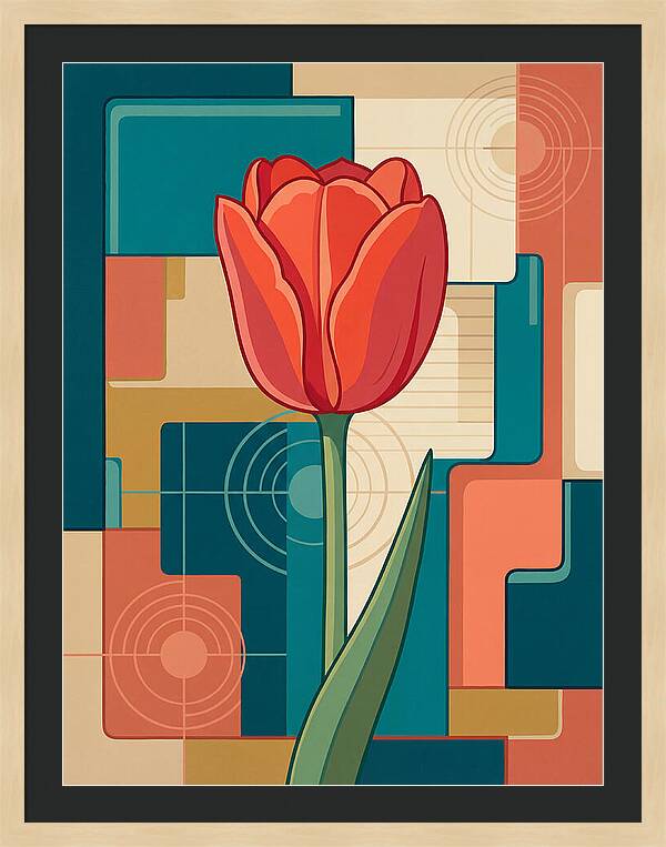Red Tulip Against Geometric Background