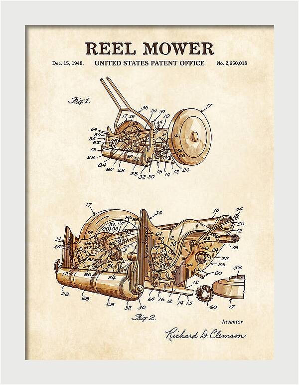 Reel Mower Watercolor Patent Us2660018a