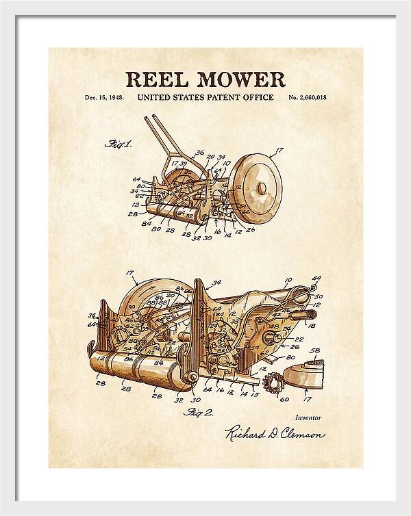 Reel Mower Watercolor Patent Us2660018a