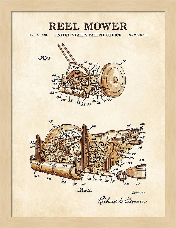Reel Mower Watercolor Patent Us2660018a