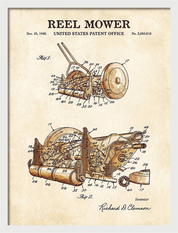 Reel Mower Watercolor Patent Us2660018a