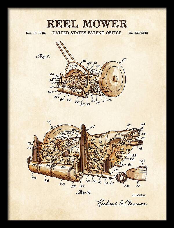 Reel Mower Watercolor Patent Us2660018a