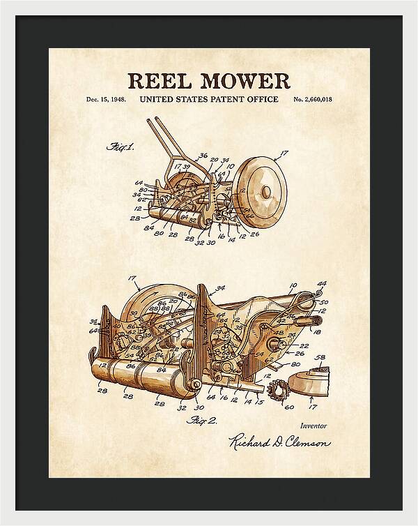 Reel Mower Watercolor Patent Us2660018a