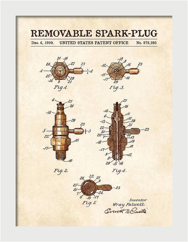 Removable Spark Plug Watercolor Patent Us978280a