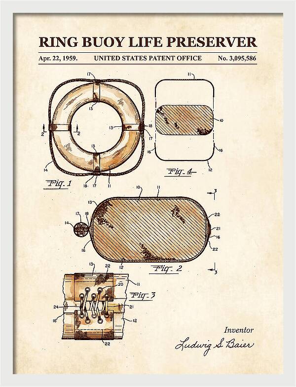 Ring Buoy Life Preserver Watercolor Patent Us3095586a