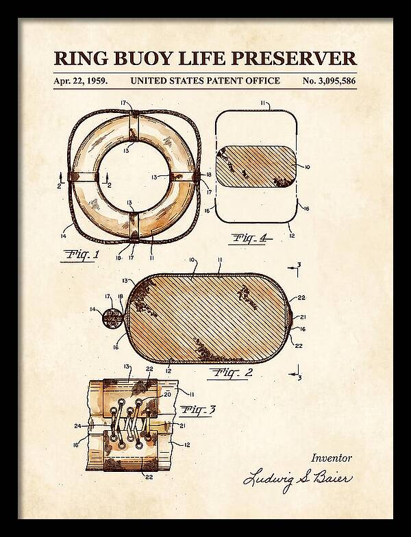 Ring Buoy Life Preserver Watercolor Patent Us3095586a