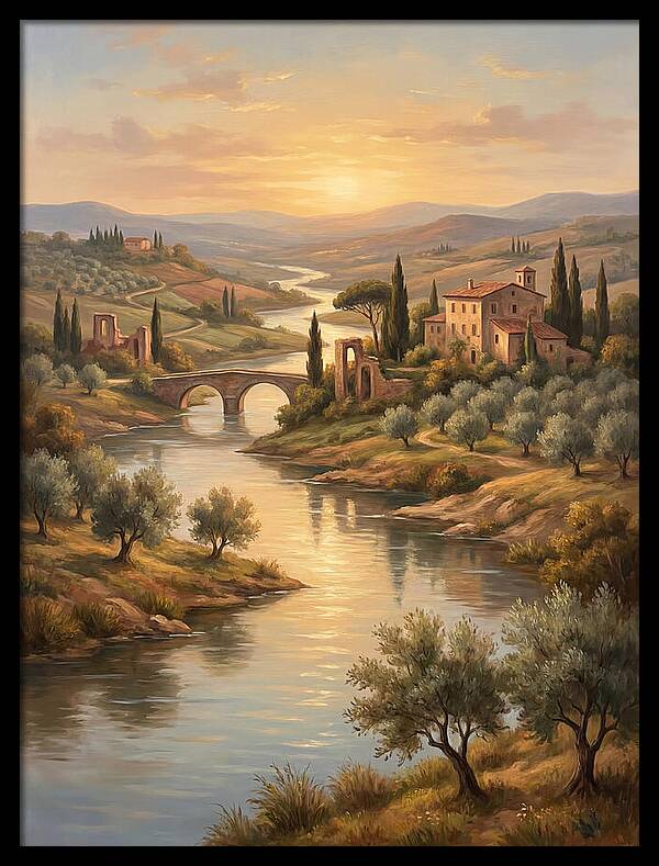 River Landscape At Sunset