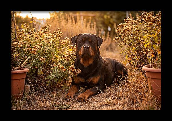 Rottweiler Relaxing In Golden Light