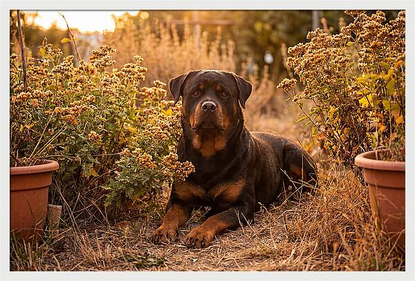 Rottweiler Relaxing In Golden Light