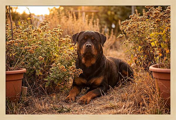 Rottweiler Relaxing In Golden Light