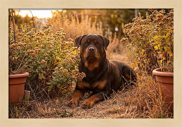Rottweiler Relaxing In Golden Light