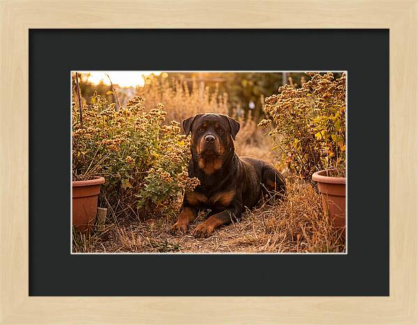 Rottweiler Relaxing In Golden Light