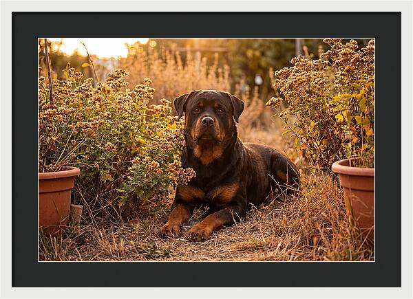 Rottweiler Relaxing In Golden Light
