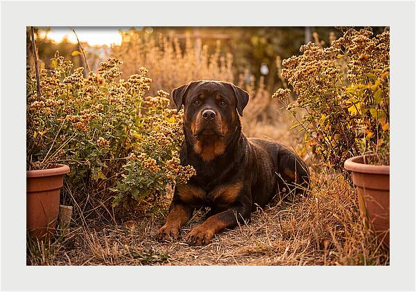 Rottweiler Relaxing In Golden Light