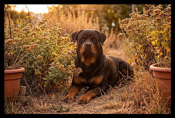 Rottweiler Relaxing In Golden Light