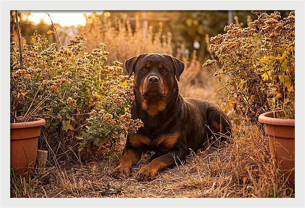 Rottweiler Relaxing In Golden Light