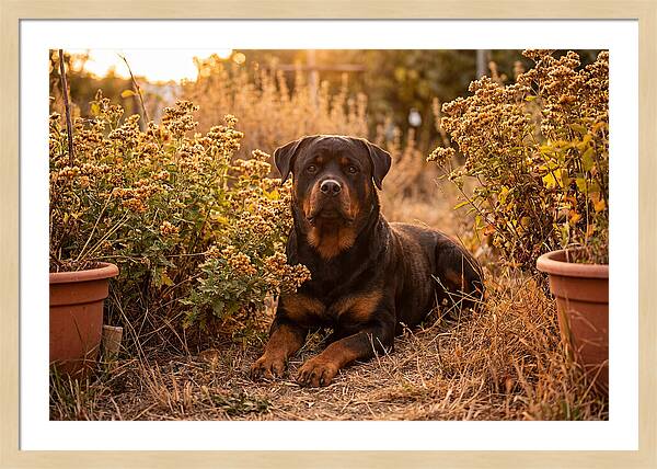 Rottweiler Relaxing In Golden Light