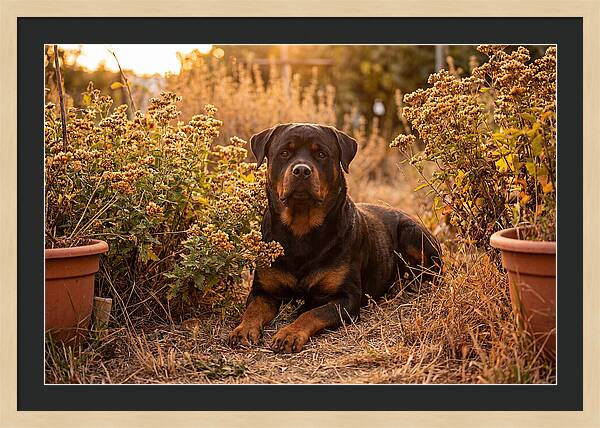 Rottweiler Relaxing In Golden Light
