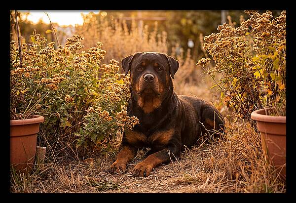 Rottweiler Relaxing In Golden Light