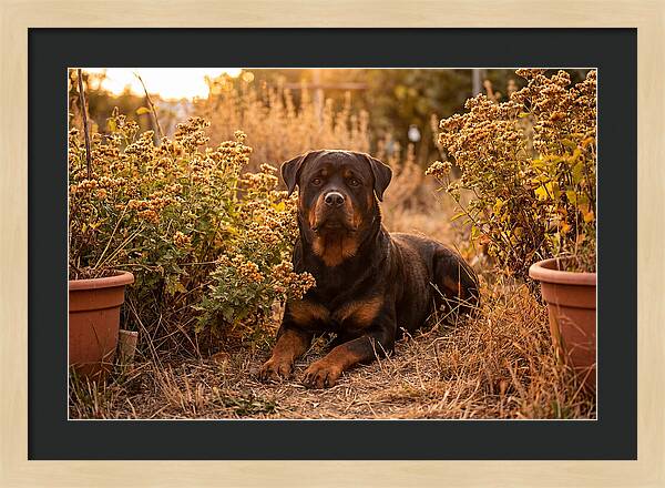 Rottweiler Relaxing In Golden Light