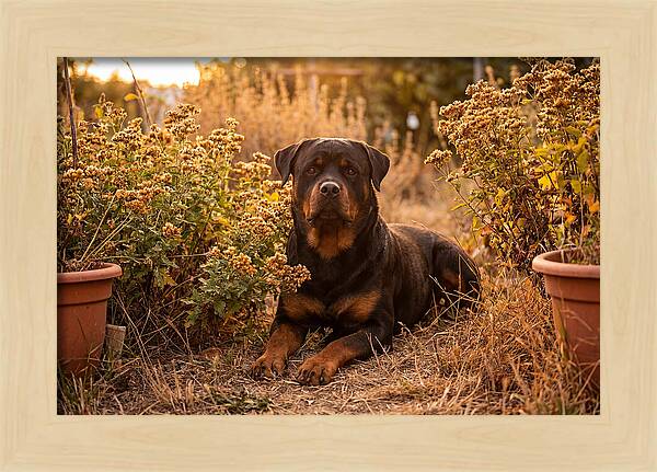 Rottweiler Relaxing In Golden Light