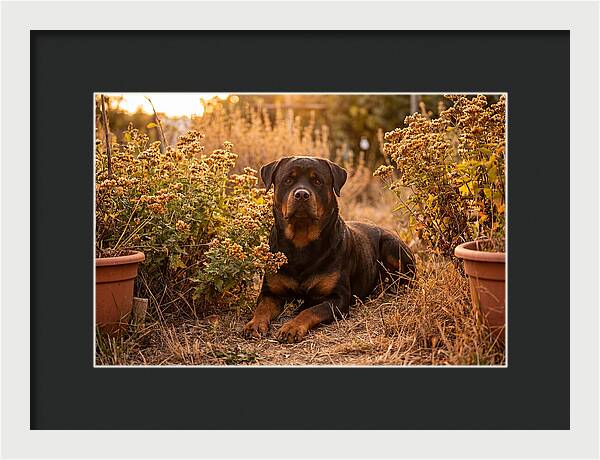 Rottweiler Relaxing In Golden Light