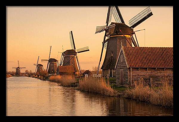 Row Of Windmills At Sunset
