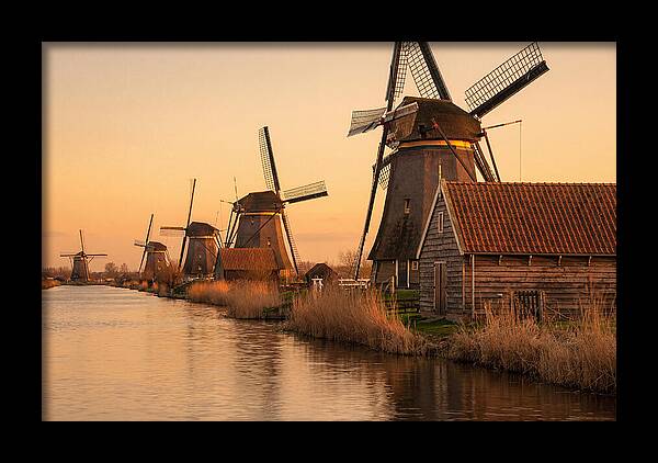Row Of Windmills At Sunset